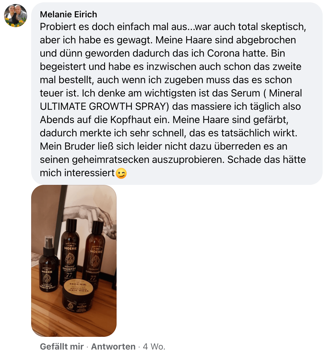 Facebook comment review about this moerie product